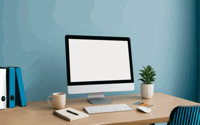 Illustration av skrivbord med dataskärm som visar tydlig kommunikation med enkel design.
